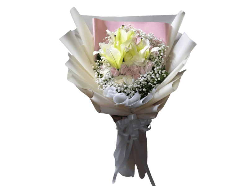 Buket Bunga Segar dengan Lilies dan Mawar